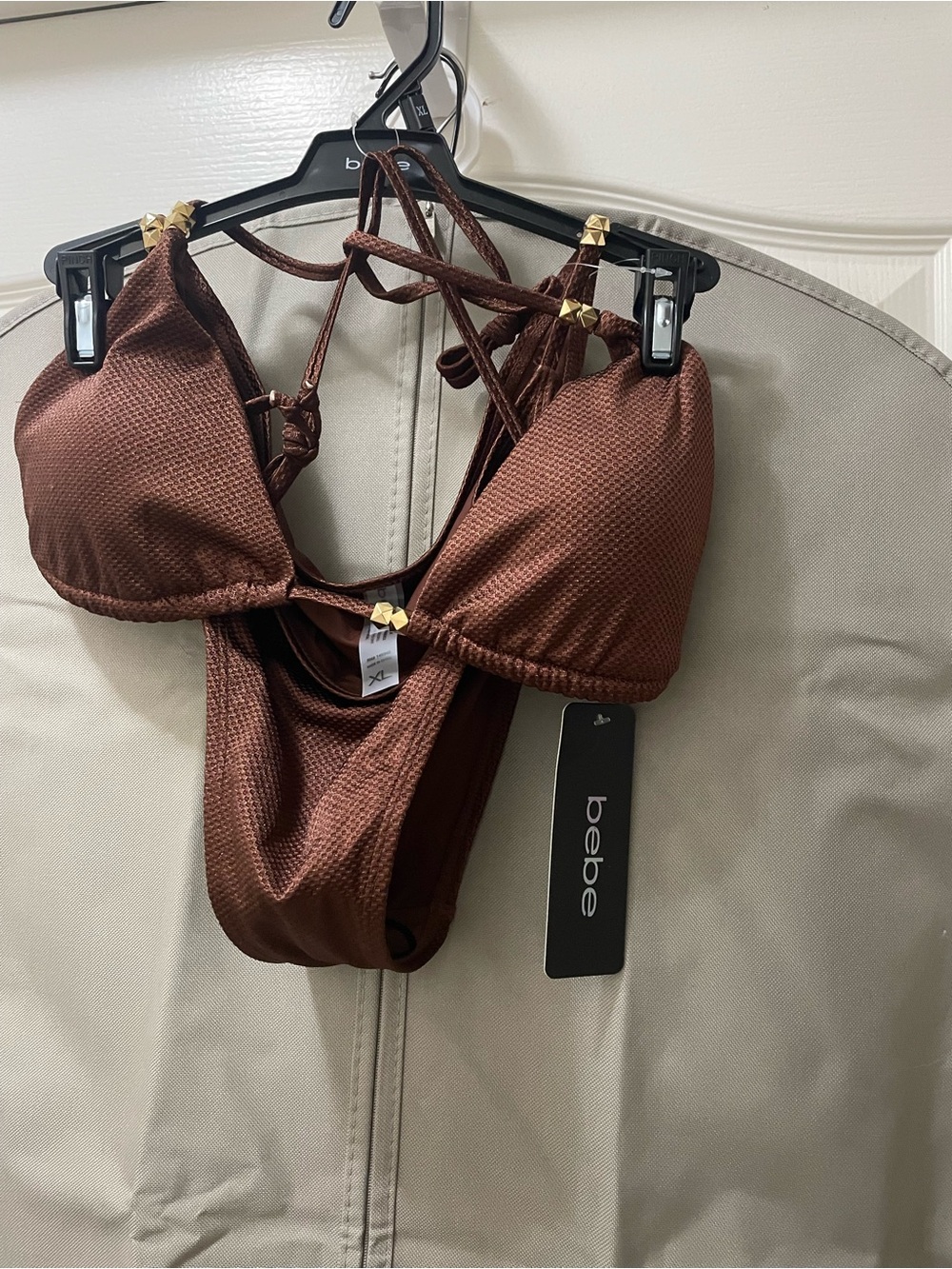 bebe Dark Brown Textured Triangle Bikini Set with Gold Accents